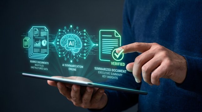 Tablet displaying holographic AI summarization engine interface.