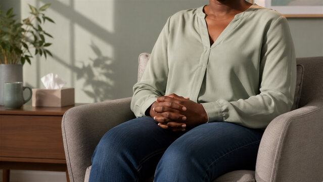 African american woman sitting in armchair during psychotherapy session. Patient with folded hands waiting for consultation. Mental health support and counseling in medical clinic office