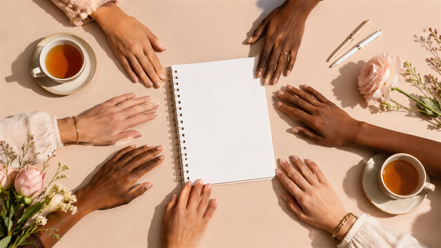 diverse group of woman hands touching blank notebook page on table. Collaboration and teamwork concept with tea cup and flower. Meeting of female colleagues for creative project planning