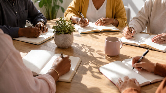 group of woman and people writing in notebook during business meeting. Multiracial team brainstorming and planning around wooden table in office. Collaboration and professional education concept