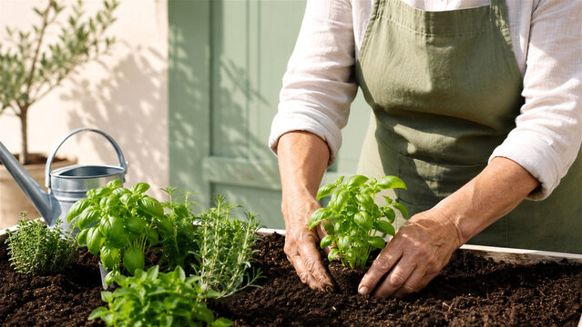 woman gardener planting fresh herbs in a garden box. Senior woman working with soil and green plants. Hobbies, gardening and sustainability concept for small organic home farm