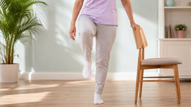 woman exercising at home holding onto chair for balance. Senior lady performing physical therapy leg lift for strength and recovery. Healthcare activity for improving mobility and stability