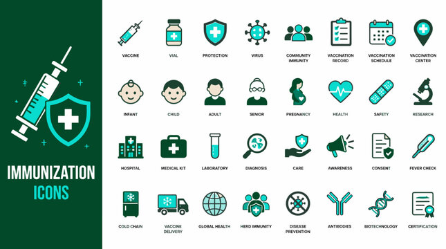 Immunization Icons Set Featuring Vaccination Symbols Worldwide.