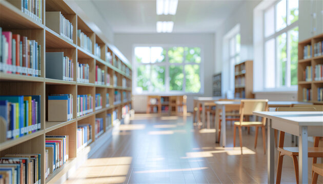 modern library interior with wooden bookshelves filled with books. Study room with empty chairs and tables for reading and research. Academic facility for school and university student