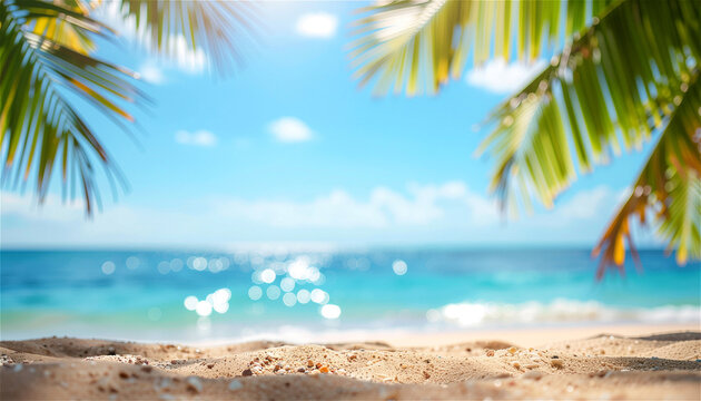 tropical beach view through palm tree leaves. Sunny landscape with white sand and blue ocean water. Nature background for travel and vacation summer holiday inspiration concept