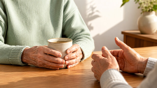 senior woman holding mug while talking with friend at wooden table. Elderly people having conversation and drinking tea at home. Social connection, relaxation and retired lifestyle