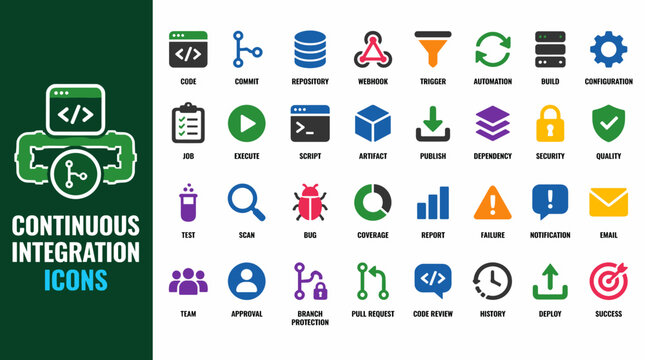 Continuous integration icons set showing development workflow symbols.