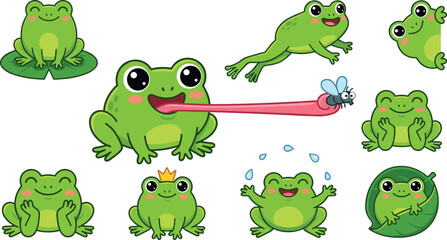 Naklejka premium Cute Green Frog Cartoon Character Set with Different Expressions Catching Fly Jumping and Wearing Crown Vector Illustration