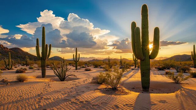 Sunset over desert landscape with tall saguaro cacti and dramatic clouds in warm golden light