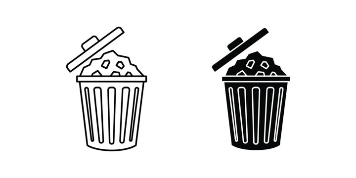 Set of trash can icons with open lid and waste inside, flat vector design for recycling and garbage disposal concepts