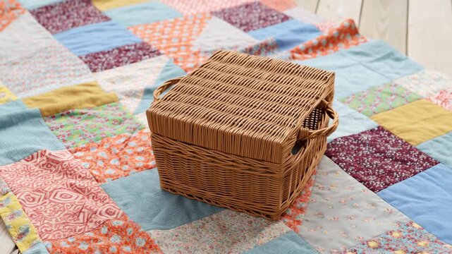 Wicker picnic basket opening on colorful patchwork quilt, slight overhead view with lid shifted aside, revealing woven interior texture, warm daylight, handmade domestic style