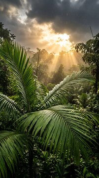 Sunlight breaks through dramatic clouds over a lush tropical rainforest canopy, creating a breathtaking natural scene.