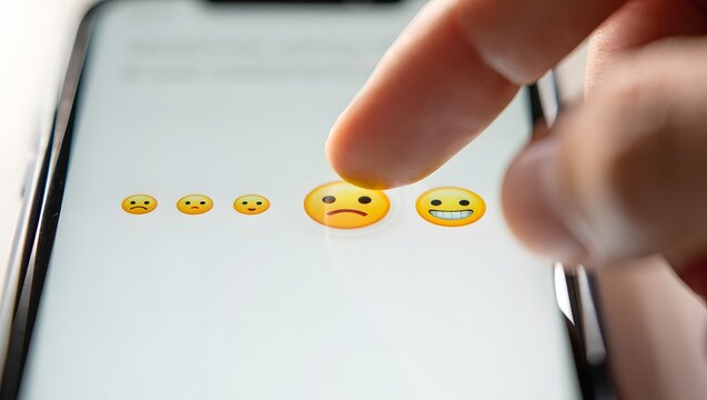 User selecting sad face emoji for mobile app feedback rating