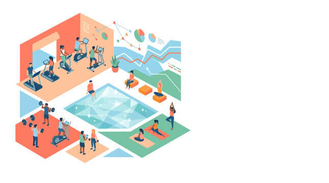 Isometric fitness data tracking with people in gym, pool, and yoga studio
