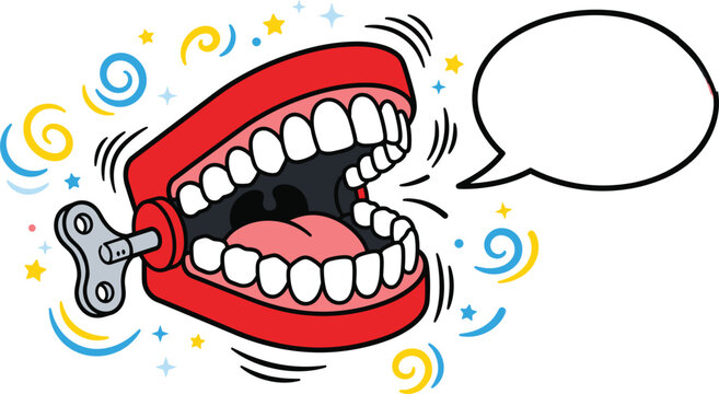 Funny chattering teeth wind up toy cartoon character with speech bubble vector isolated illustrationFunny chattering teeth wind up toy cartoon character with speech bubble vector isolated illustration