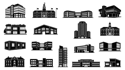 Fototapeta premium Architecture Buildings Glyph Icons Set: Various Business, Office, Government, Residential Structures in Black White Silhouette