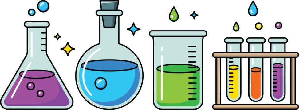 Science Laboratory Glassware Icon Set with Chemistry Beaker, Erlenmeyer Flask, Round Bottom Bottle, and Test Tubes Vector Illustration for Education Designs