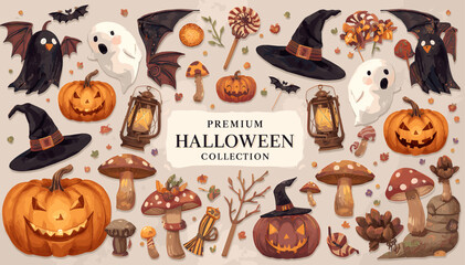 Fototapeta premium A comprehensive collection of watercolor Halloween illustrations featuring pumpkins, ghosts, witch hats, bats, and other spooky autumn elements.