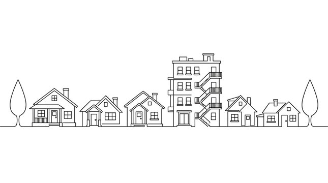 Continuous line drawing of a suburban street scene featuring various houses and a small apartment building