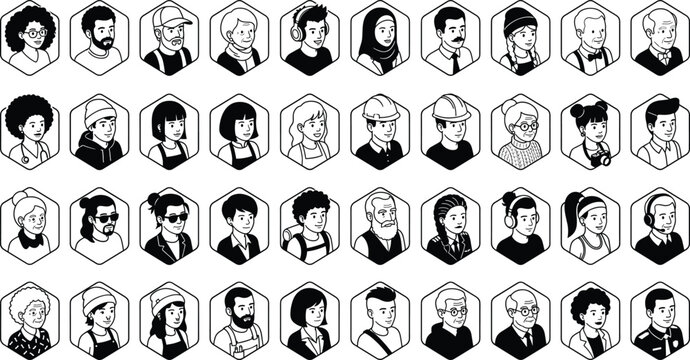 Diverse multicultural people characters avatars in hexagon frames set, line vector icons on white background