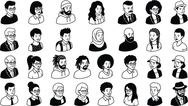 Diverse multicultural people characters avatars hand drawn set, line vector icons on white background