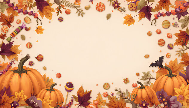 Autumn harvest border with pumpkins, colorful fall leaves, and festive candies on a warm background.