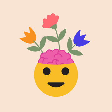 An illustration of flowers growing from a brain of happy emoji flower tob, symbolizing growth and well-being