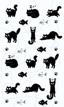 Cute Black Cat Seamless Pattern with Funny Poses, Fish Bones, and Paw Prints