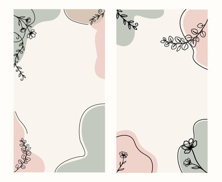 Minimalist Botanical Line Art and Abstract Pastel Organic Shapes Background Templates