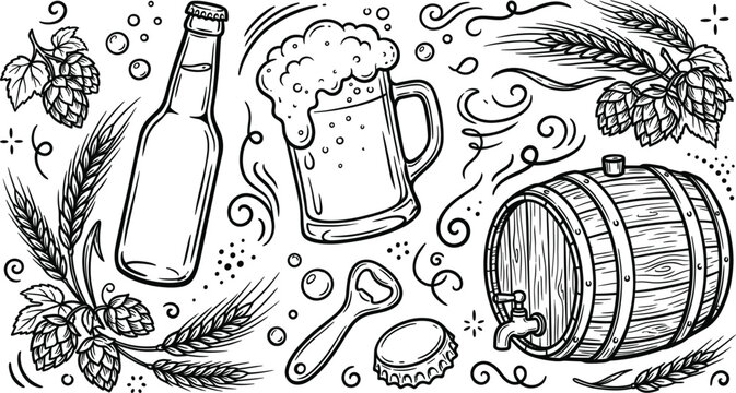 Craft brewery barrel glass mug and bottle sketch background, beer vector illustration on white background