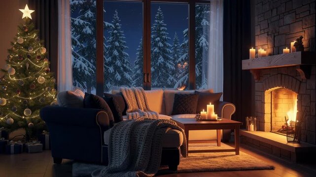 Cozy living room with Christmas tree fireplace and snowy winter night outside window