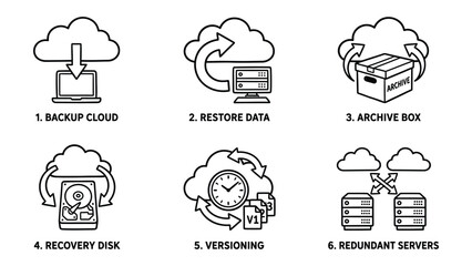 Fototapeta premium Set of cloud storage and data backup line icons for computer network systems