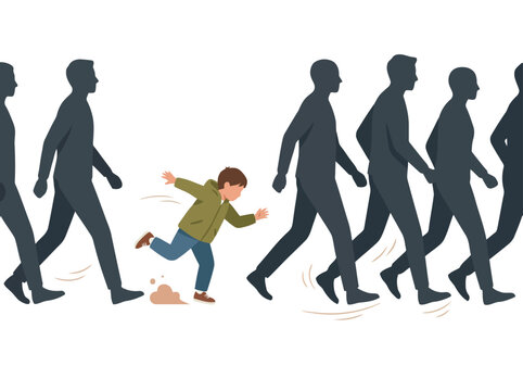 Evacuation drill illustration depicts a rapid pace with a child lagging behind. Dynamic composition highlights the importance of consistent speed during emergency procedures. Bold orange background.