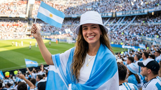 Smiling young woman holding a small Argentina flag and draped in a larger national flag while wearing a white bucket hat at a crowded soccer stadium during an international match.