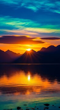 Serene Sunset Over Mountain Range and Reflective Lake.