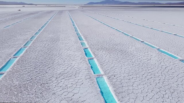 Drone aerial video of parallel turquoise channels and cracked salt flat texture in Salinas Grandes, Argentina.