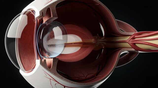 Detailed 3D illustration of the human eye anatomy showing cornea retina optic nerve and blood vessels