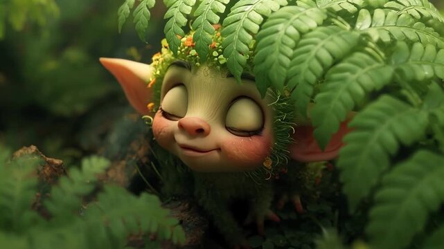Cute little forest elf character with green moss and fern hair looking at camera