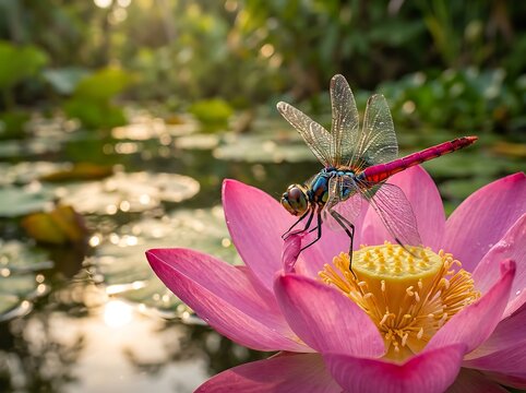 Dragonfly perched on a vibrant pink lotus flower in a serene pond at sunrise.