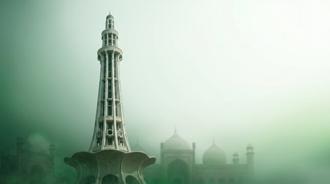 Minar e Pakistan Misty Green Background for Independence Day Heritage Design