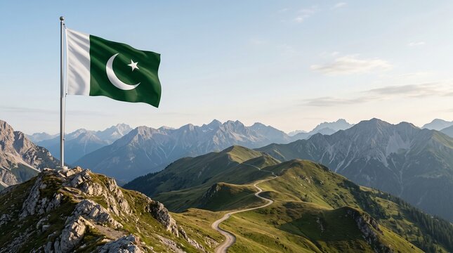 Pakistan flag waving on mountaintop with scenic landscape background  