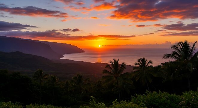 Vibrant Sunset Over Tropical Landscape with Palm Trees and Mountain Views.