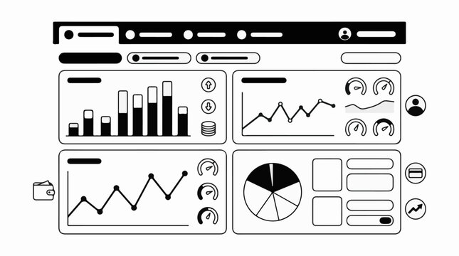 A minimalist digital dashboard displaying various charts and gauges