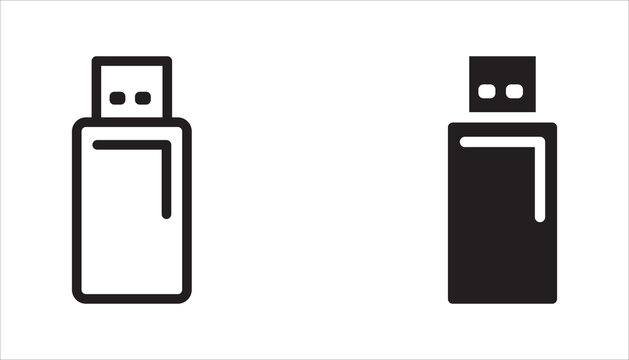 USB flash drive icon set, collection featuring multiple styles and orientations. Ideal for data storage, portable memory, file transfer, backup solutions, and technology-related applications.