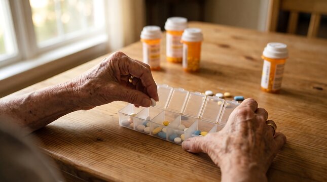 Close-up of an elderly person's hands carefully organizing daily medication into a pill dispenser on a wooden table with prescription bottles nearby.