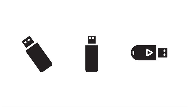 USB flash drive icon set, collection featuring multiple styles and orientations. Ideal for data storage, portable memory, file transfer, backup solutions, and technology-related applications.
