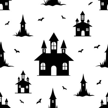 Seamless pattern with silhouettes of haunted houses and flying bats on white background for halloween theme decor or party design.
