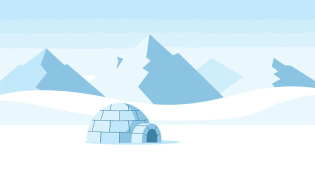 Traditional ice block igloo standing in a vast snowy arctic mountain landscape under a peaceful light blue winter sky.