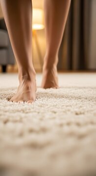 Close-up of Bare Feet Walking on Carpet Indoors.