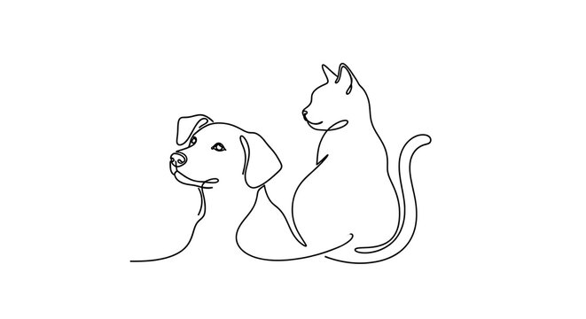 Minimalist Line Art of Dog and Cat Sitting Together.